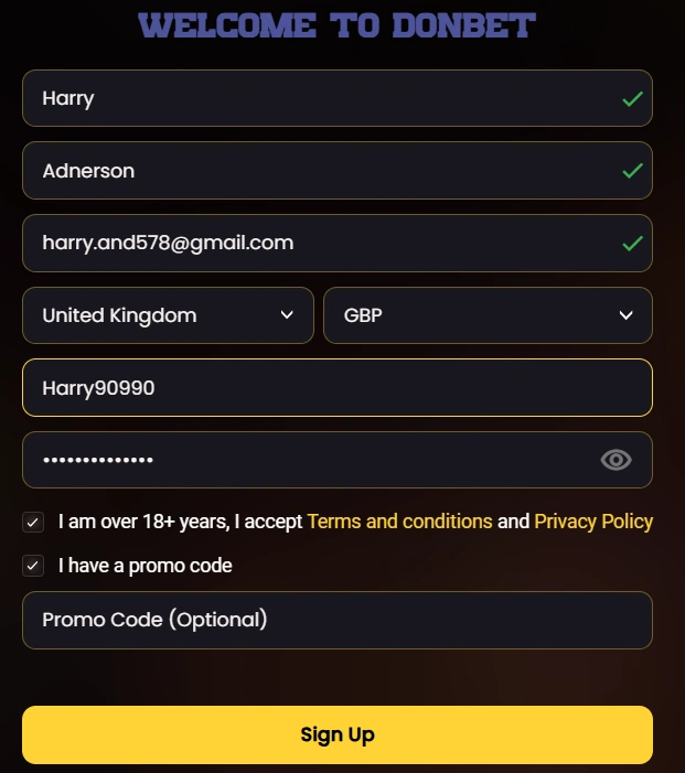 Donbet Casino registration form for UK players